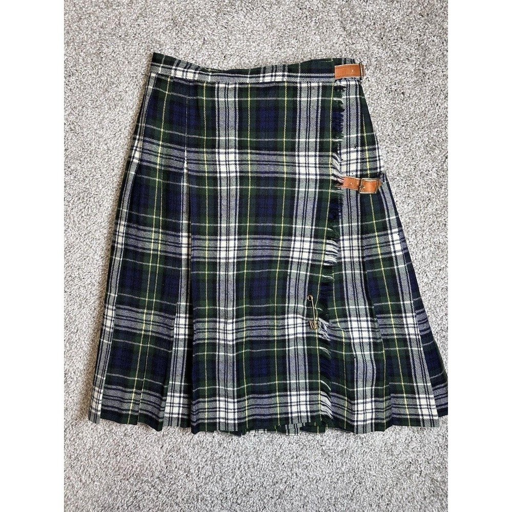Vintage Lauren Ralph Lauren Wool Tartan Kilt Wrap Skirt 22" Waist Leather Buckle